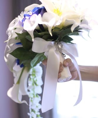 Silky Flower Store Royal Blue White Calla Lily Bridal Bouquet, Waterfall Water Drops Luxury Wedding Bouquet, Handmade Faux Floral Decor 32.5cm 12 12 Product: IFFO Royal Blue Bouquet, Bridal Bouquets for Wedding,White Calla Lily Bridal Bouquet, Water Drops Waterfall Shape, Luxury Jewelry Bouquet Romantic Wedding (No Jewelry)