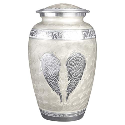 Product: White Angel Wings Funeral Cremation Urn with Mathcing Keepsake Velvet Bags and Personalization (Pearl White, Large)