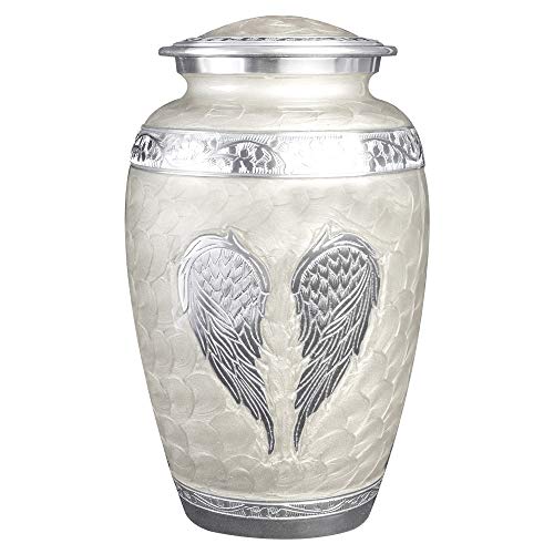 Product: White Angel Wings Funeral Cremation Urn with Mathcing Keepsake Velvet Bags and Personalization (Pearl White, Large)