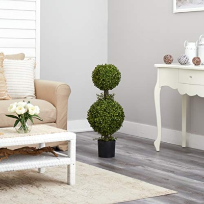 Product: Nearly Natural 35IN Artificial Double Boxwood Topiary Ball Tree, Fake Topiary Plant for Indoor Home Décor in Black Nursery Planter