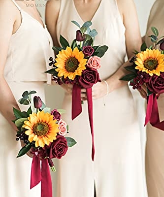 Silky Flower Store Artificial Sunflower Bridesmaid Bouquet, Burgundy Sunflower Bridal Posy, Ling's Moment Set of 6, 7 Inch 6 6 Product: Ling's Moment Artificial Flowers Sunflower Bridesmaid Bouquet Set of 6, Burgundy & Sunflower Wedding Flowers Bouquets for Bridesmaids, 7 Inch Bridal Bouquets for Bridesmaids, Wedding, etc