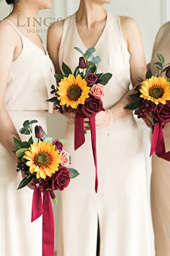 Silky Flower Store Artificial Sunflower Bridesmaid Bouquet, Burgundy Sunflower Bridal Posy, Ling's Moment Set of 6, 7 Inch 2 2 Product: Ling's Moment Artificial Flowers Sunflower Bridesmaid Bouquet Set of 6, Burgundy & Sunflower Wedding Flowers Bouquets for Bridesmaids, 7 Inch Bridal Bouquets for Bridesmaids, Wedding, etc