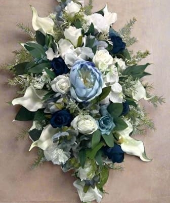 Silky Flower Store Artificial White Funeral Flowers Blue Coffin Topper Memorial Flowers, Grave Outdoor Lawn Yard Memorial Decor, 60cm 7 7 Product: shibaoli DIY Artificial Flower, Artificial White Funeral Flowers, Blue Coffin Topper Memorial Flowers for Grave Outdoor Lawn Yard Funeral Decorations Table Setting