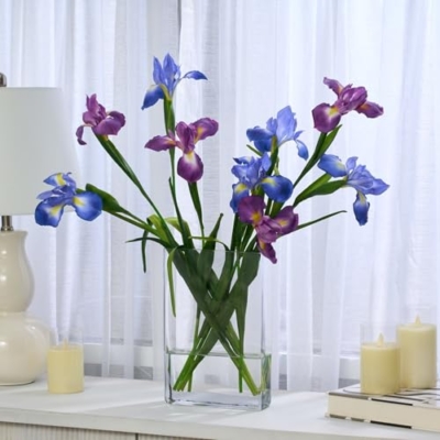 Silky Flower Store Artificial Iris Flower Stems, Vibrant Periwinkle Purple Faux Floral Arrangement, Glass Vase, 24in 9 9 Product: shibaoli DIY Artificial Flower, Vibrant Periwinkle, Mysterious Purple Iris Stems. Graceful and Captivating. for Daily Home Decor, Office Ambiance, Indoor Refreshing Arrangements. Table Setting