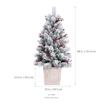 Silky Flower Store Pre-Lit Frosted Fir Potted Christmas Tree, Soft White LED Lights, Faux Red Berries, Whitewash Wood Pot, 4 Foot 10 10 Product: Haute Decor 4 Foot Pre-lit Ashcroft Artificial Frosted Fir Potted Christmas Tree with 100 Soft White LED Lights