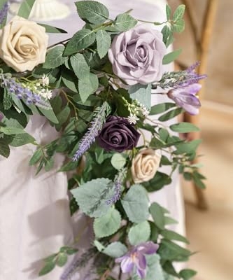 Silky Flower Store Eucalyptus Willow Leaf Garland with White Flower Lavender Purple, 9FT 11 11 Product: Ling's Moment 9FT Eucalyptus and Willow Leaf Garland with White Flower, Handcrafted Wedding Sweetheart Table Centerpieces Head Table Decor Arch Backdrop Decorations for Wedding | Lavender Purple