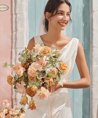 Silky Flower Store Peach Apricot Artificial Bridal Bouquet, Wedding Flower Bouquet for Bride, Ribbons Card, 15 Inch x 11 Inch 12 12 Product: Ling's Moment Peach Wedding Bouquets for Bride, Apricot Bridal Bouquets for Bride,15 Inch Free Form Artificial Wedding Flower Bouquet