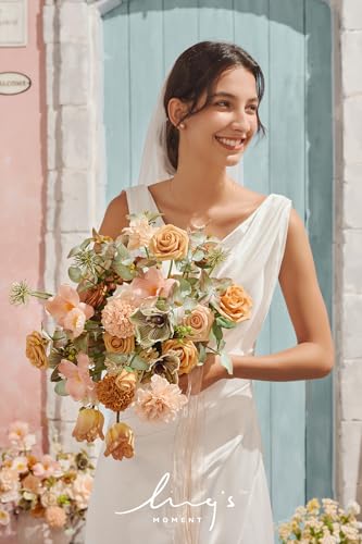 Silky Flower Store Peach Apricot Artificial Bridal Bouquet, Wedding Flower Bouquet for Bride, Ribbons Card, 15 Inch x 11 Inch 4 4 Product: Ling's Moment Peach Wedding Bouquets for Bride, Apricot Bridal Bouquets for Bride,15 Inch Free Form Artificial Wedding Flower Bouquet