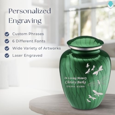 Silky Flower Store Personalized Dragonfly Cremation Urn for Human Ashes, Pearl Green Memorial Urn, Adult 200 cu in, 200 lbs 14 14 Product: Geturns Embrace Adult Personalized Dragonfly Cremation Urns for Human Ashes I Large Pearl Green Funeral Urn for Men and Women I 200 lbs