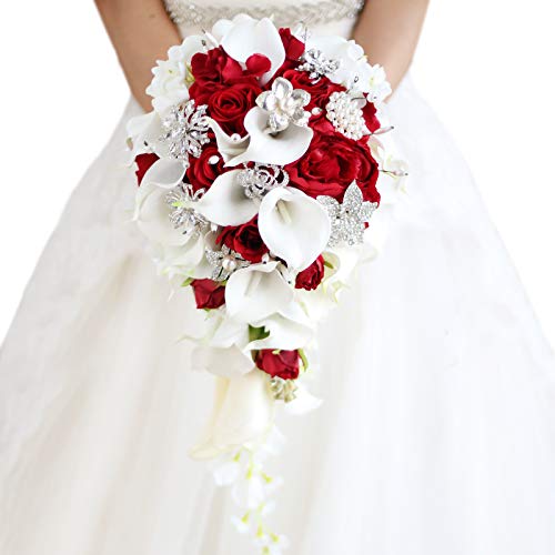 IFFO Bridal Bouquets for Wedding, Calla Lilies Simulation Rose Diamonds Pearl Bride Wedding Bouquet, Romantic Wedding Party Decoration Confession (red) - Artificial Flower Arrangements Product: IFFO Bridal Bouquets for Wedding, Calla Lilies Simulation Rose Diamonds Pearl Bride Wedding Bouquet, Romantic Wedding Party Decoration Confession (red)