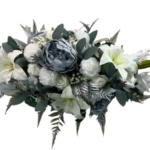 Product: Elegant Artificial White Memorial Flowers & Blue Christmas Casket Spray - Outdoor Funeral Decorations for Graves & Yards