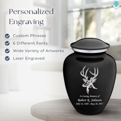 Product: Geturns Embrace Adult Personalized Deer Cremation Urns for Human Ashes I Large Black Funeral Urn for Adult Men and Women with Double Side Engraving I 200 lbs