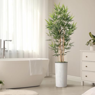 Product: Artificial Tree in White Marble Effect Planter, Fake Bamboo Silk Tree for Indoor and Outdoor Home Decoration - 70" Overall Tall (Plant Pot Plus Tree)