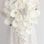 Product: Abbie Home White Calla Lily and Rose Cascading Bride Bouquet Waterfall Wedding Flower - Lily Rhinestone Jewelry Brooches and Satin Ribbon Décor (White)