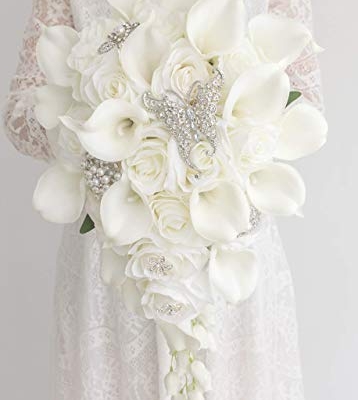 Product: Abbie Home White Calla Lily and Rose Cascading Bride Bouquet Waterfall Wedding Flower - Lily Rhinestone Jewelry Brooches and Satin Ribbon Décor (White)