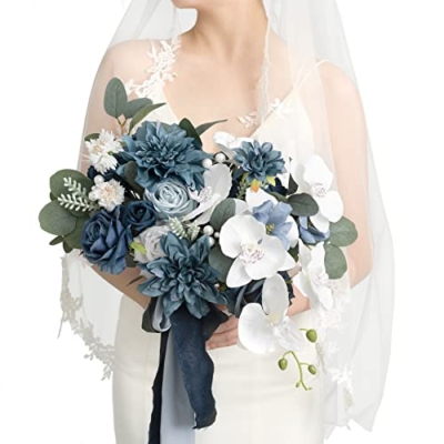 Product: Ling's Moment Navy Blue Bridal Bouquet, 13 Inch Wedding Bouquets for Bride, Silk Free Form Bridal Bouquets for Wedding, Ceremony, Anniversary, etc.