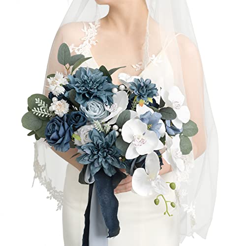 Product: Ling's Moment Navy Blue Bridal Bouquet, 13 Inch Wedding Bouquets for Bride, Silk Free Form Bridal Bouquets for Wedding, Ceremony, Anniversary, etc.
