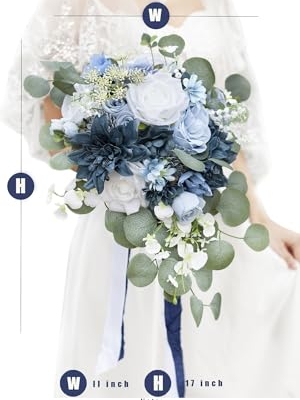 Silky Flower Store Dusty Blue Wedding Bouquet, White Navy Blue Artificial Roses Cascading Bridal Bouquet, Rustic Boho Vintage, 17x11in 7 7 Product: Yelinart 11 Inch Dusty Blue Wedding Bouquets for Bride White Navy Blue Artificial Roses Flower Cascading Bridal Bouquet for Rustic Boho Fall Vintage Wedding Ceremony Party and Anniversary