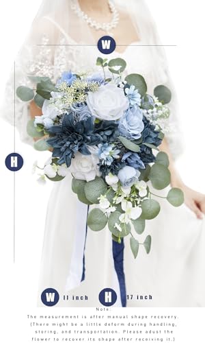 Silky Flower Store Dusty Blue Wedding Bouquet, White Navy Blue Artificial Roses Cascading Bridal Bouquet, Rustic Boho Vintage, 17x11in 1 1 Product: Yelinart 11 Inch Dusty Blue Wedding Bouquets for Bride White Navy Blue Artificial Roses Flower Cascading Bridal Bouquet for Rustic Boho Fall Vintage Wedding Ceremony Party and Anniversary