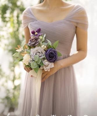 Silky Flower Store Purple Bridesmaid Bouquet Set of 6, Lavender Artificial Wedding Flowers, Silk Foam Bridal Bouquets, 7 inch 6 6 Product: Ling's Moment Artificial Flowers Purple Bridesmaid Bouquet Set of 6, Lavender Wedding Flowers Bouquets for Bridesmaids, 7 Inch Bridal Bouquets for Bridesmaids, Wedding, Ceremony, Anniversary, etc