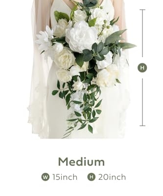Silky Flower Store White Bridal Cascading Bouquet, Ivory Wedding Bouquet, Artificial Peony Rose Eucalyptus, Pearl Crystal Accents, 15 Inch 7 7 Product: Ling's Moment White Bridal Bouquet Cascading, Ivory Wedding Bouquets for Bride, 15 Inch Bride Bouquets for Wedding Artificial Flowers Bouquets