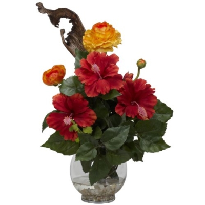 Product: Nearly Natural 1287 Hibiscus and Ranunculus with Fluted Bowl Silk Flower Arrangement, Red