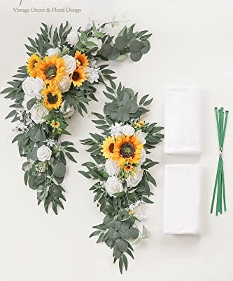 Product: Floroom Arch Flowers with Drapes Kit (Pack of 4) - 2pcs Artificial Sunflower Floral Swag Arrangement with 2pcs Draping Fabric for Wedding Ceremony Arbor and Reception Backdrop Decoration
