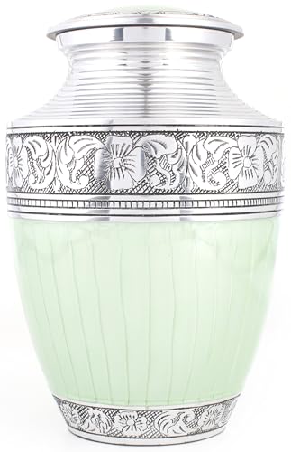 Product: Handcrafted Metal Alloy Cremation Urn for Human Ashes - Large, Engraved, Decorative Funeral Memorial Urn with Secure Screw-On Lid Hold Remains up to 200 lbs 10.5" (Green Silver) - ALPHA Living HOME