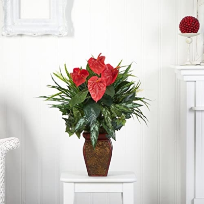 Product: Nearly Natural Mixed Greens & Anthurium with Decorative Vase Silk Plant
