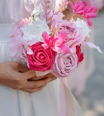 Silky Flower Store Hot Pink Bridesmaid Bouquet Artificial Flowers Set of 4, BENCENTRE 7 Inch, Silk Roses Pampas Grass 18 Inch Ribbon 11 11 Product: BENCENTRE 7 Inch Hot Pink Bridesmaid Bouquet for Wedding, Set of 4, Small Wedding Bouquet,for Marriage Proposal Party and Vintage Wedding Ceremony Anniversary,Artificial Flowers