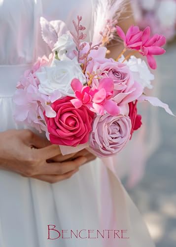Silky Flower Store Hot Pink Bridesmaid Bouquet Artificial Flowers Set of 4, BENCENTRE 7 Inch, Silk Roses Pampas Grass 18 Inch Ribbon 4 4 Product: BENCENTRE 7 Inch Hot Pink Bridesmaid Bouquet for Wedding, Set of 4, Small Wedding Bouquet,for Marriage Proposal Party and Vintage Wedding Ceremony Anniversary,Artificial Flowers