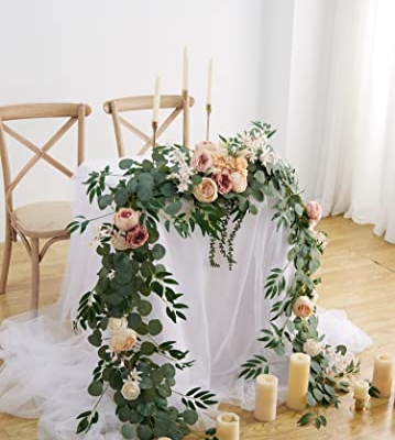 Silky Flower Store Artificial Eucalyptus Willow Leaf Garland with Flowers, Peony Rose Vine Wall Hanging, 8ft 13 13 Product: MISSPIN 8FT Eucalyptus and Willow Leaf Garland with Artificial Flowers Fake Flower Peony Rose Vine Greenery Decorative Wall Hanging Plant for Spring Wedding Arch Door Arrangement Party Decor