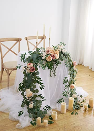 Silky Flower Store Artificial Eucalyptus Willow Leaf Garland with Flowers, Peony Rose Vine Wall Hanging, 8ft 5 5 Product: MISSPIN 8FT Eucalyptus and Willow Leaf Garland with Artificial Flowers Fake Flower Peony Rose Vine Greenery Decorative Wall Hanging Plant for Spring Wedding Arch Door Arrangement Party Decor