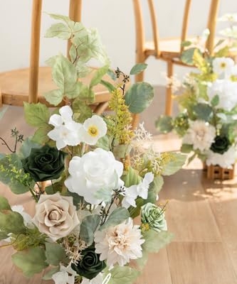 Silky Flower Store Artificial Flower Arrangements, Fall Wedding Decor, 17.5in Tall, Set of 4 11 11 Product: Ling's Moment 17.5" Tall Standing Artificial Flowers Arrangements 4pcs Fall Wedding Aisle Runner Chair Decorations Emerald & Tawny Beige Centerpieces for Ceremony Reception Rose Floral Party Outdoor
