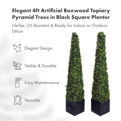 Product: GreenBrokers 2 x Artificial Boxwood Topiary Pyramid Trees in Black Square Planter (4ft/120cm), Wood, Green