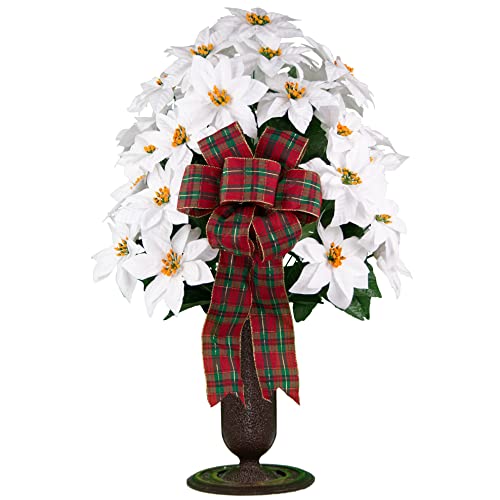 Product: Sympathy Silks Artificial Cemetery Flowers - Realistic - Outdoor Grave Decorations - White Christmas Poinsettias - 28" Tall