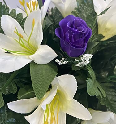 Silky Flower Store Purple Rose and Lily Cemetery Saddle, Spring Easter Grave Flowers, Artificial Headstone Arrangement, 3-4 Month 20.5cm 6 6 Product: Spring or Easter Cemetery Flowers for Headstone and Grave Decoration-Purple Rose and Lily Mix Saddle