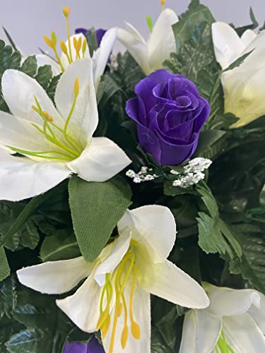 Silky Flower Store Purple Rose and Lily Cemetery Saddle, Spring Easter Grave Flowers, Artificial Headstone Arrangement, 3-4 Month 20.5cm 2 2 Product: Spring or Easter Cemetery Flowers for Headstone and Grave Decoration-Purple Rose and Lily Mix Saddle