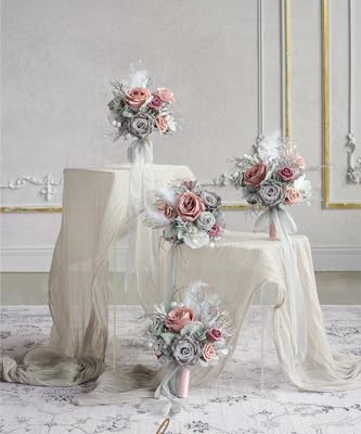 Silky Flower Store Dusty Gray Bridesmaid Bouquet Set of 4, Artificial Silk Foam Wedding Flowers, 7 Inch Bridesmaid Bouquets 7 Inch 11 11 Product: Ling's Moment Artificial Flowers Dusty & Gray Bridesmaid Bouquet Set of 4, Gray Wedding Flowers Bouquets for Bridesmaids, 7 Inch Bridal Bouquets for Bridesmaids, Wedding, etc