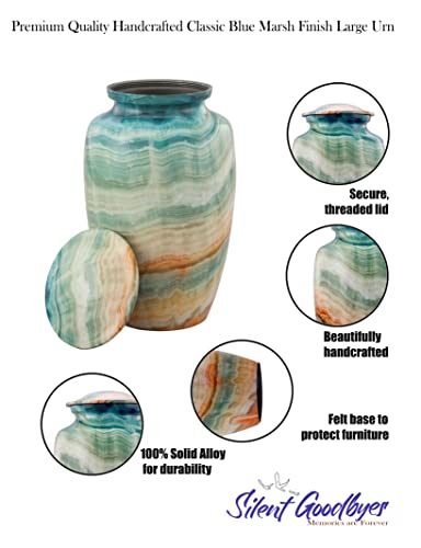 Silky Flower Store Memorial Cremation Urn for Human Ashes, Handcrafted Large Adult Burial Marble Finish, Blue Marsh, 10.5 x 6 in 6 6 Product: Memorial Cremation Urns for Human Ashes | Handcrafted Large Burial Marble Finish Adult Cremation Urn, Funeral Decorative Urns for Female & Male | 200 lbs with Velvet Bag (Blue Marsh)