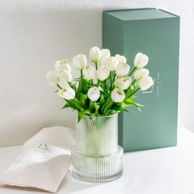 Product: Tulip and Vase Ribbed Glass with 20 White Tulips Artificial Flowers Gift Set Fluted Clear Flower Short Vase and Fake Tulips Look Real Entryway Living Room Table Office Shelf Decor Faux High End Gift