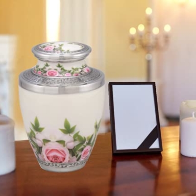 Silky Flower Store Metal Cremation Urn for Ashes, Rose Wreath Memorial Urn, Handcrafted Adult Urn, Free Velvet Bag, 8x8x10in 4 4 Product: Exquisite Urns Picturesque Metal Cremation Urn - Handcrafted Funeral Urn for Ashes - Great Deal, Free Velvet Bag (Rose Wreath)