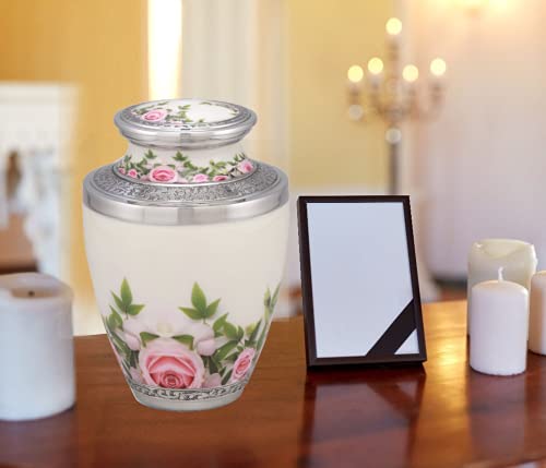 Silky Flower Store Metal Cremation Urn for Ashes, Rose Wreath Memorial Urn, Handcrafted Adult Urn, Free Velvet Bag, 8x8x10in 1 1 Product: Exquisite Urns Picturesque Metal Cremation Urn - Handcrafted Funeral Urn for Ashes - Great Deal, Free Velvet Bag (Rose Wreath)