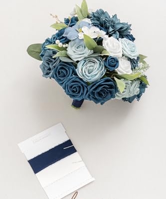 Silky Flower Store Navy Blue Bridal Bouquet, Silk Artificial Wedding Flowers, Round Wedding Bouquet, 13 Inch 8 8 Product: Ling's Moment Navy Blue Bridal Bouquet for Bride, Blue Wedding Bouquets for Bride, 13 Inch Silk Round Artificial Wedding Flowers Bouquets