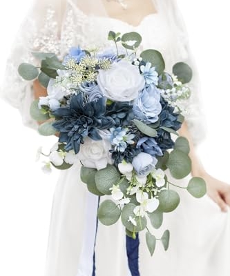Product: Yelinart 11 Inch Dusty Blue Wedding Bouquets for Bride White Navy Blue Artificial Roses Flower Cascading Bridal Bouquet for Rustic Boho Fall Vintage Wedding Ceremony Party and Anniversary