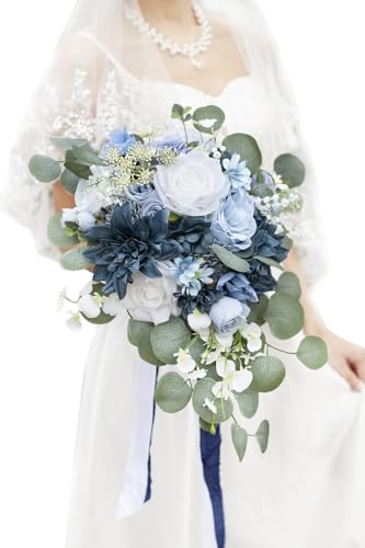 Yelinart 11 Inch Dusty Blue Wedding Bouquets for Bride White Navy Blue Artificial Roses Flower Cascading Bridal Bouquet for Rustic Boho Fall Vintage Wedding Ceremony Party and Anniversary - Artificial Flower Arrangements Product: Yelinart 11 Inch Dusty Blue Wedding Bouquets for Bride White Navy Blue Artificial Roses Flower Cascading Bridal Bouquet for Rustic Boho Fall Vintage Wedding Ceremony Party and Anniversary