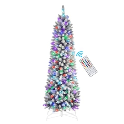 Silky Flower Store Prelit Snow Flocked Slim Pencil Christmas Tree, Remote RGB Lights, 6ft 10 10 Product: SHareconn 6ft Prelit Snow Flocked Slim Pencil Christmas Tree with Remote RGB Lights - Perfect Holiday Decoration