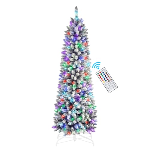 Silky Flower Store Prelit Snow Flocked Slim Pencil Christmas Tree, Remote RGB Lights, 6ft 1 1 Product: SHareconn 6ft Prelit Snow Flocked Slim Pencil Christmas Tree with Remote RGB Lights - Perfect Holiday Decoration