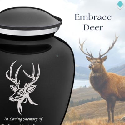 Product: Geturns Embrace Adult Personalized Deer Cremation Urns for Human Ashes I Large Black Funeral Urn for Adult Men and Women with Double Side Engraving I 200 lbs