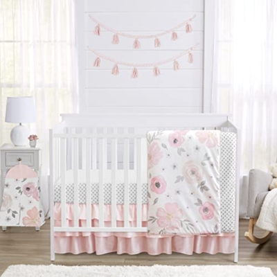 Product: Sweet Jojo Designs 4-Piece Baby Crib Bedding Set (Pink/Grey Boho Floral) for Girls, Infants/Nursery incl. Blanket, Fitted Sheet, Skirt, Diaper Stacker (Watercolor, Elegant Rose Polka Dot, Blush Gray)